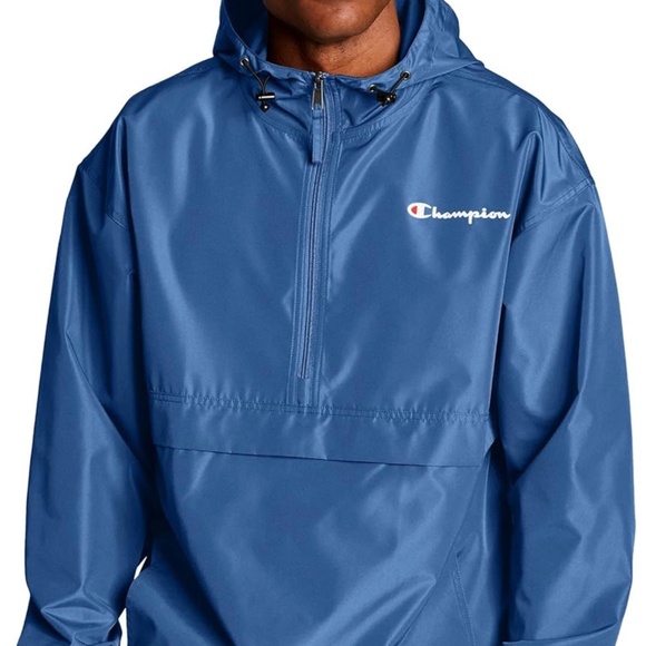 Champion Packable Wind and Water Resistant  Blue Half Zip Hooded Jacket Sz M - Picture 1 of 10